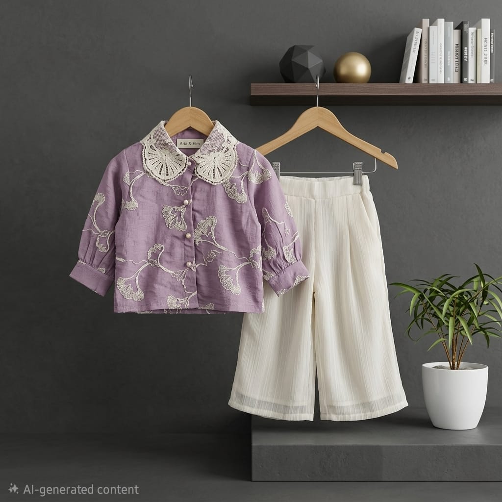 GINKGO LRAF EMBROIDERED TOP WITH PLEATED CULOTTES SET - 2 PIECE